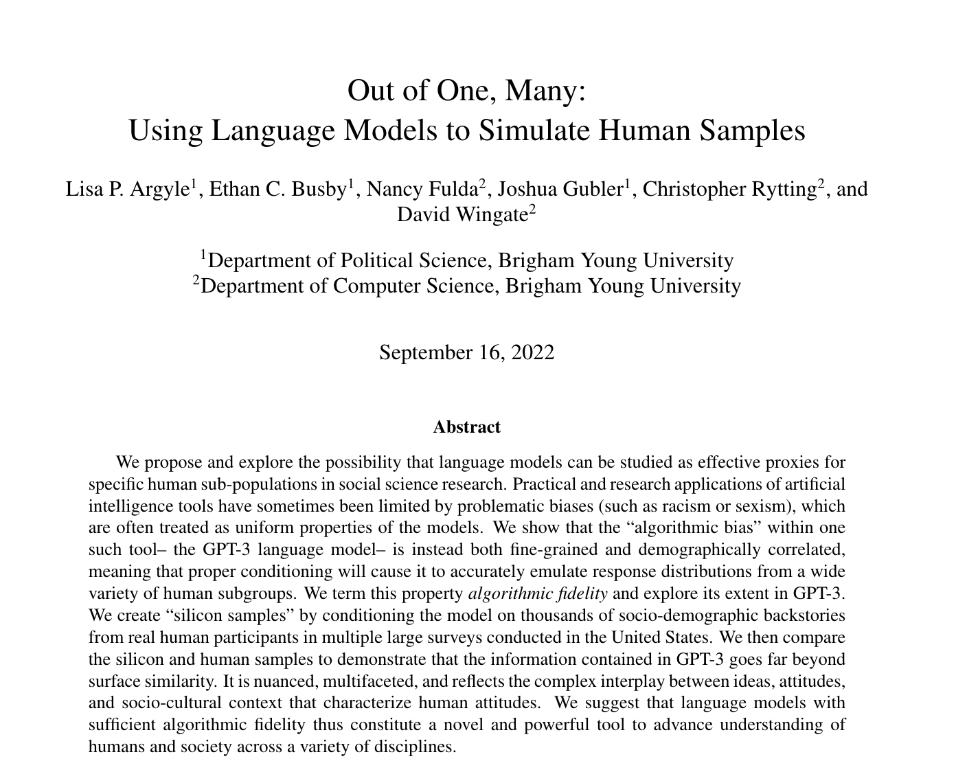 Preview image for paper: Out of One, Many: Using Language Models to Simulate Human Samples