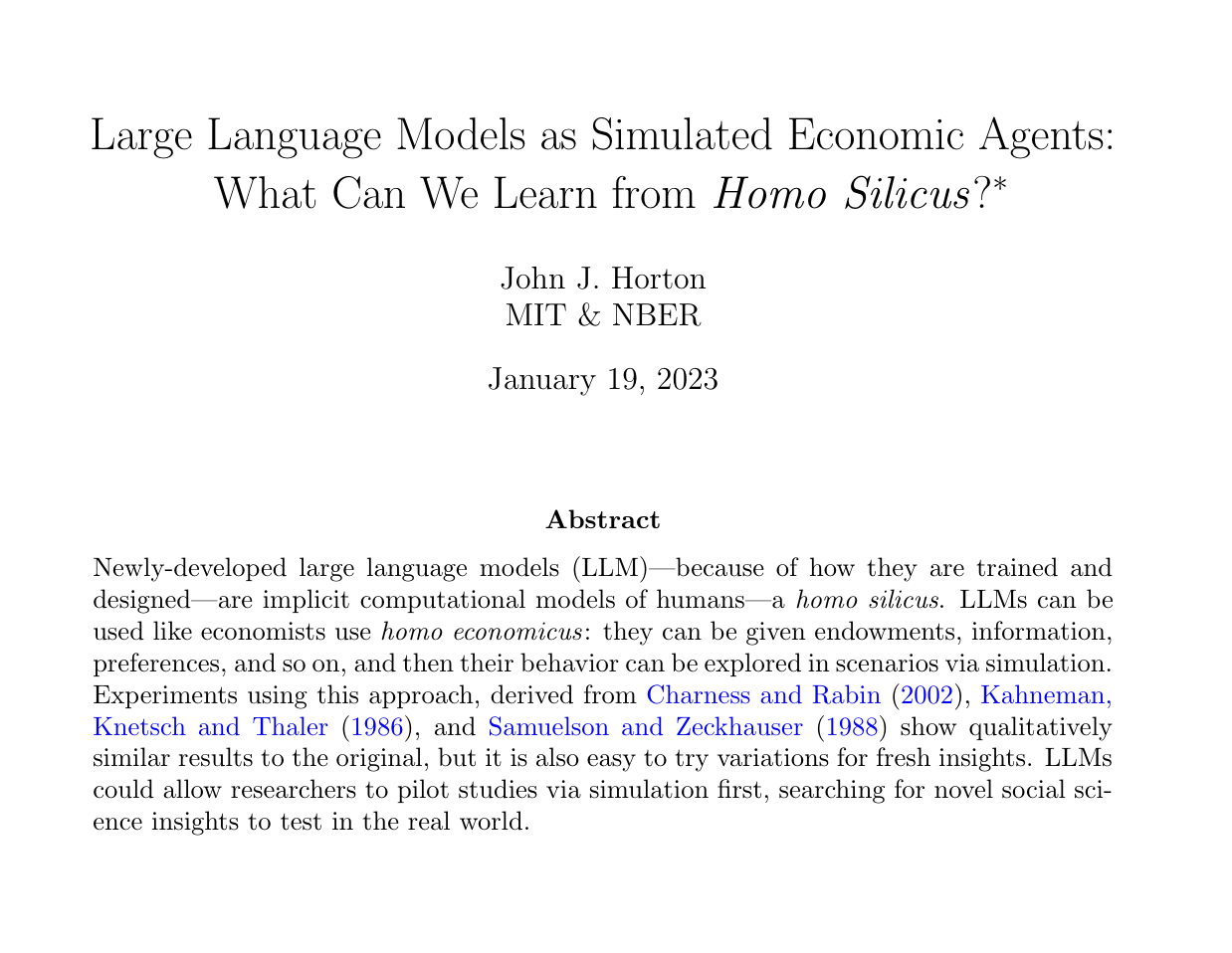 Preview image for paper: Large Language Models as Simulated Economic Agents: What Can We Learn from Homo Silicus?